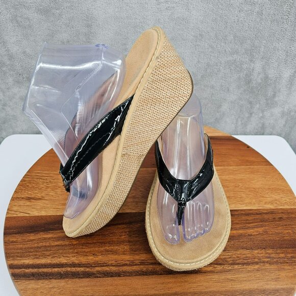 Vionic Grenada Wedge Thong Sandals 10 Black Patent Leather Woven Tan Orthopedic - Picture 13 of 14